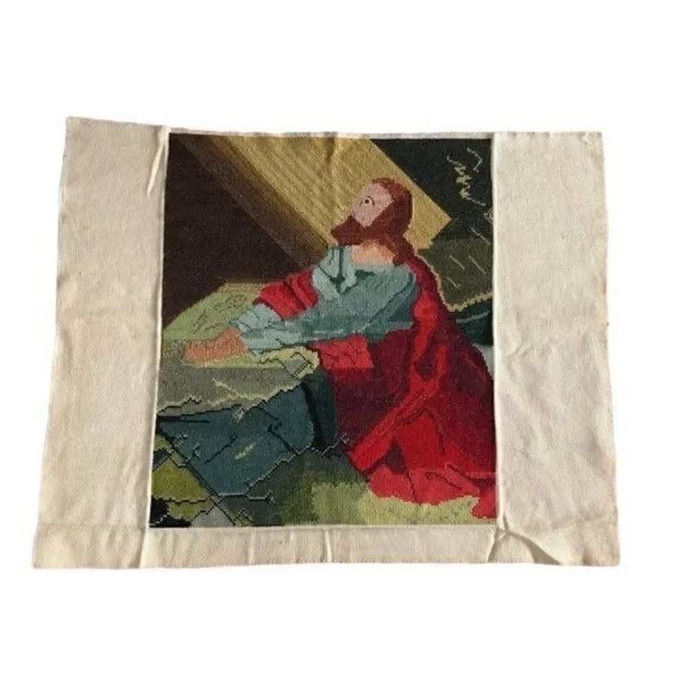 Vintage Finished Jesus Christ Praying Rock Cross Stitch Needlework